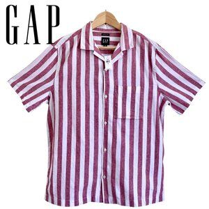 GAP Camp Collar Short Sleeve Button Front Shirt Linen & Cotton Stripes Pocket Md